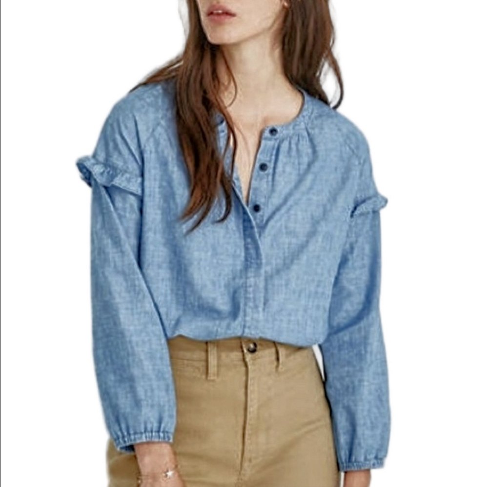 🆕 MADEWELL CHAMBRAY LIGHT BLUE HENLEY SHIRT WITH RUFFLE BALOON SLEEVES